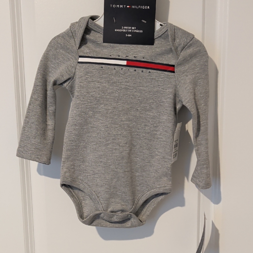 Tommy Hilfiger Gray Long-Sleeve Baby Bodysuit with Signature Stripe